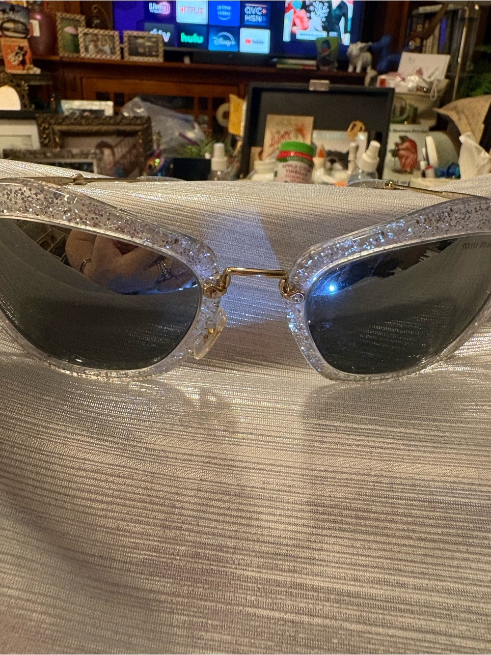 New Miu Miu Clear Glitter Frame Sunglasses with Dark Lenses